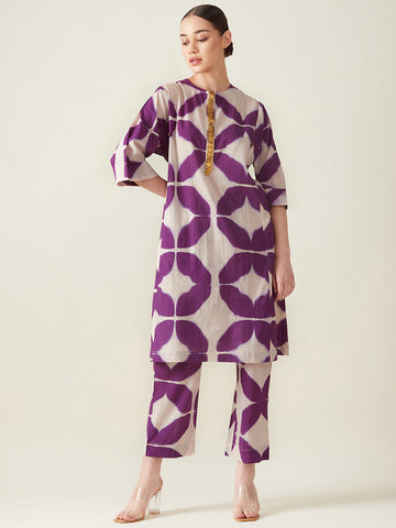 Purple Clamp Dye Embroidered Co Ord Set