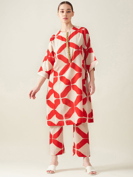 Red Clamp Dye Embroidered Co Ord Set